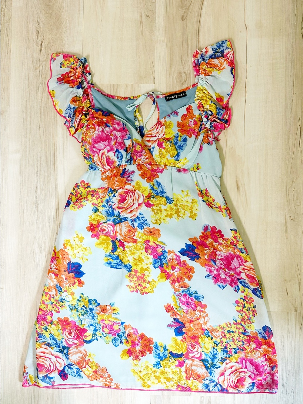 Floral Mini Dress - Light Blue with Pink & Yellow Blooms